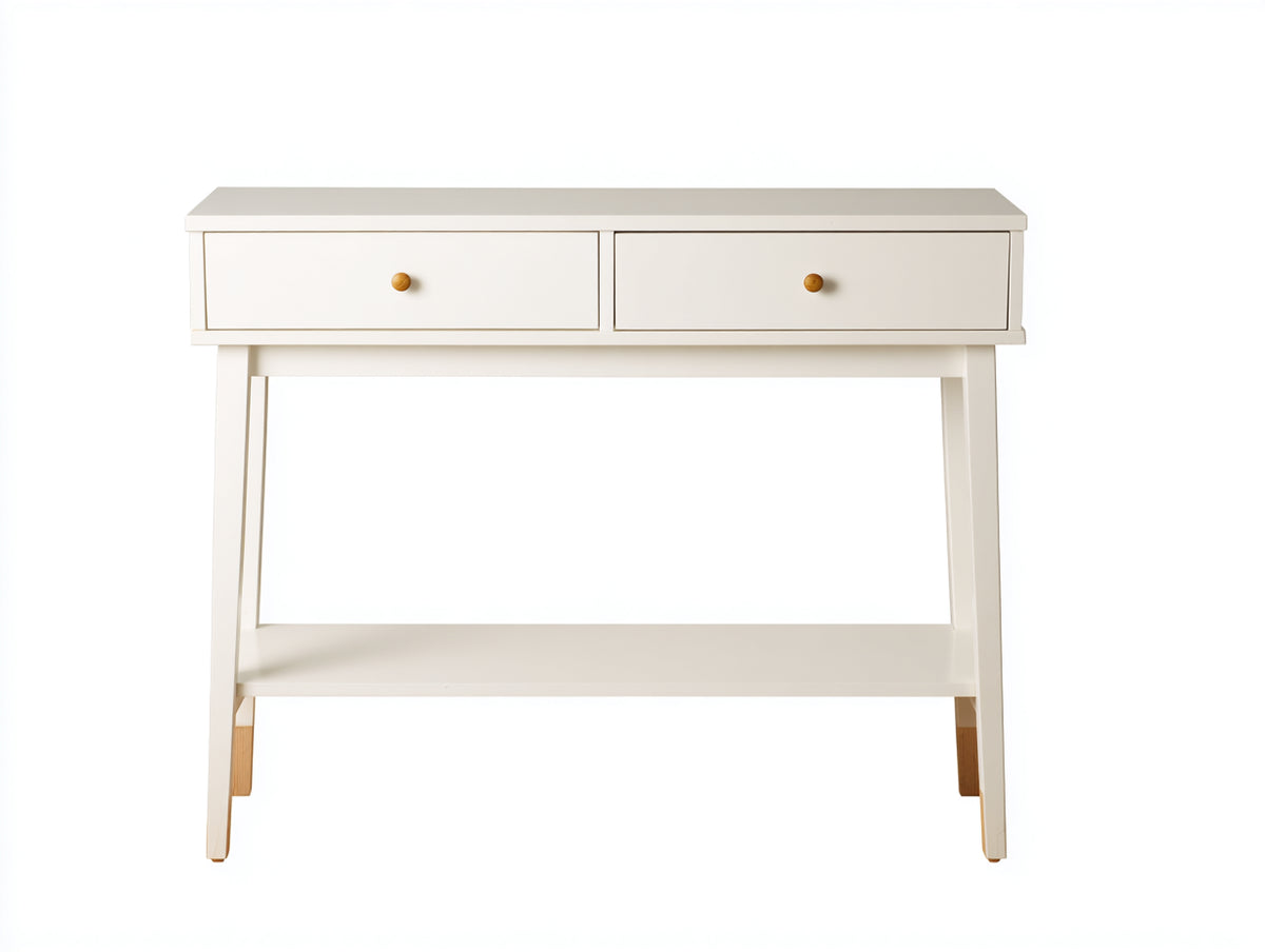 Console 125×40×85 cm - bois blanc avec détails naturels - 2 tiroirs et rangement ouvert pour chambre à coucher