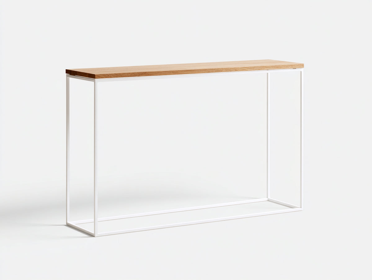 Console 120×36×82 cm - plateau chêne naturel et cadre métal blanc - style minimaliste pour chambre à coucher