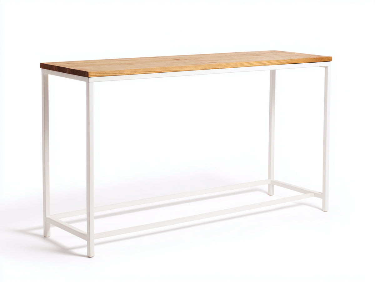 Console 115×35×80 cm - bois naturel et métal blanc - structure ouverte compacte pour chambre à coucher