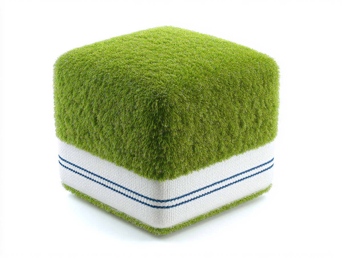 Tabouret carré 50×50×38 cm - textile vert à poils longs et bande blanche - assise basse contrastée pour chambre à coucher