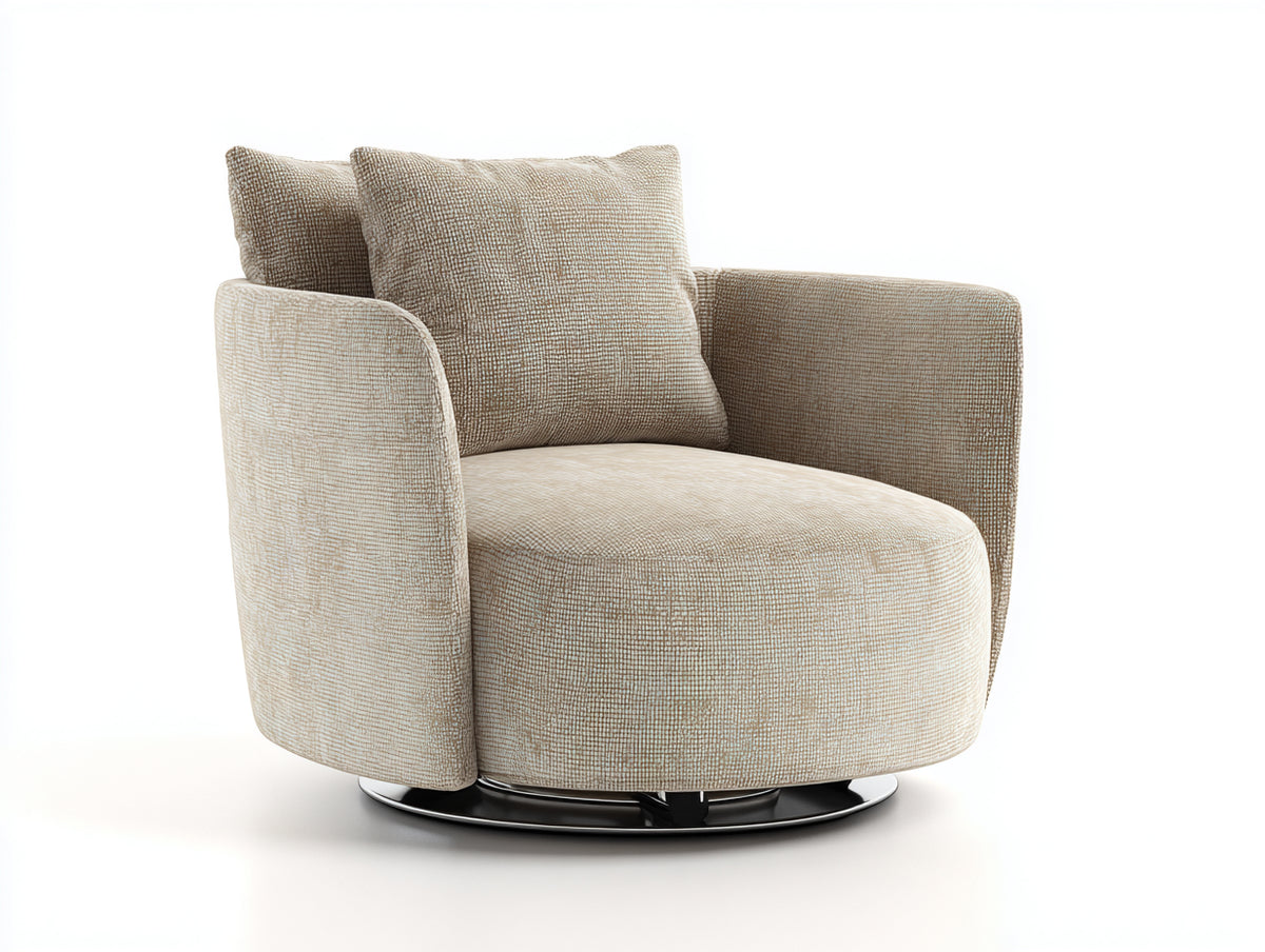 Fauteuil rond 86×84×82 cm - tissu sable et base métallique noire - assise pivotante pour salon