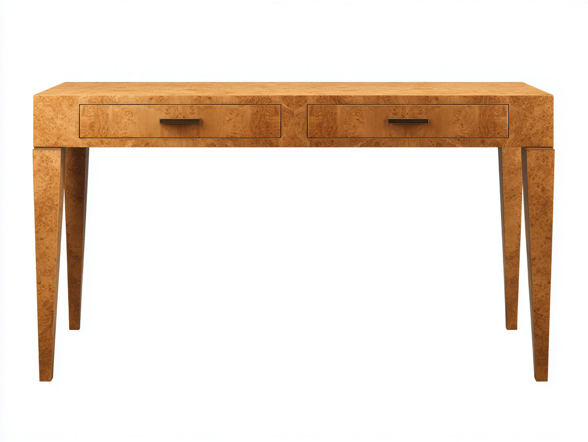 Console 120×40×80 cm - bois effet loupe ambré - 2 tiroirs à poignées bronze et pieds fuselés pour chambre à coucher