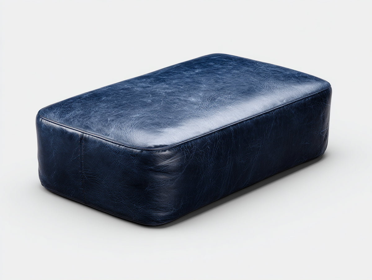 Tabouret bas 85×55×28 cm - revêtement aspect cuir bleu marine patiné - assise rectangulaire arrondie pour chambre à coucher