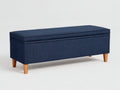Tabouret banquette 110×45×46 cm - tissu bleu nuit et pieds en bois clair - assise rectangulaire pour chambre à coucher