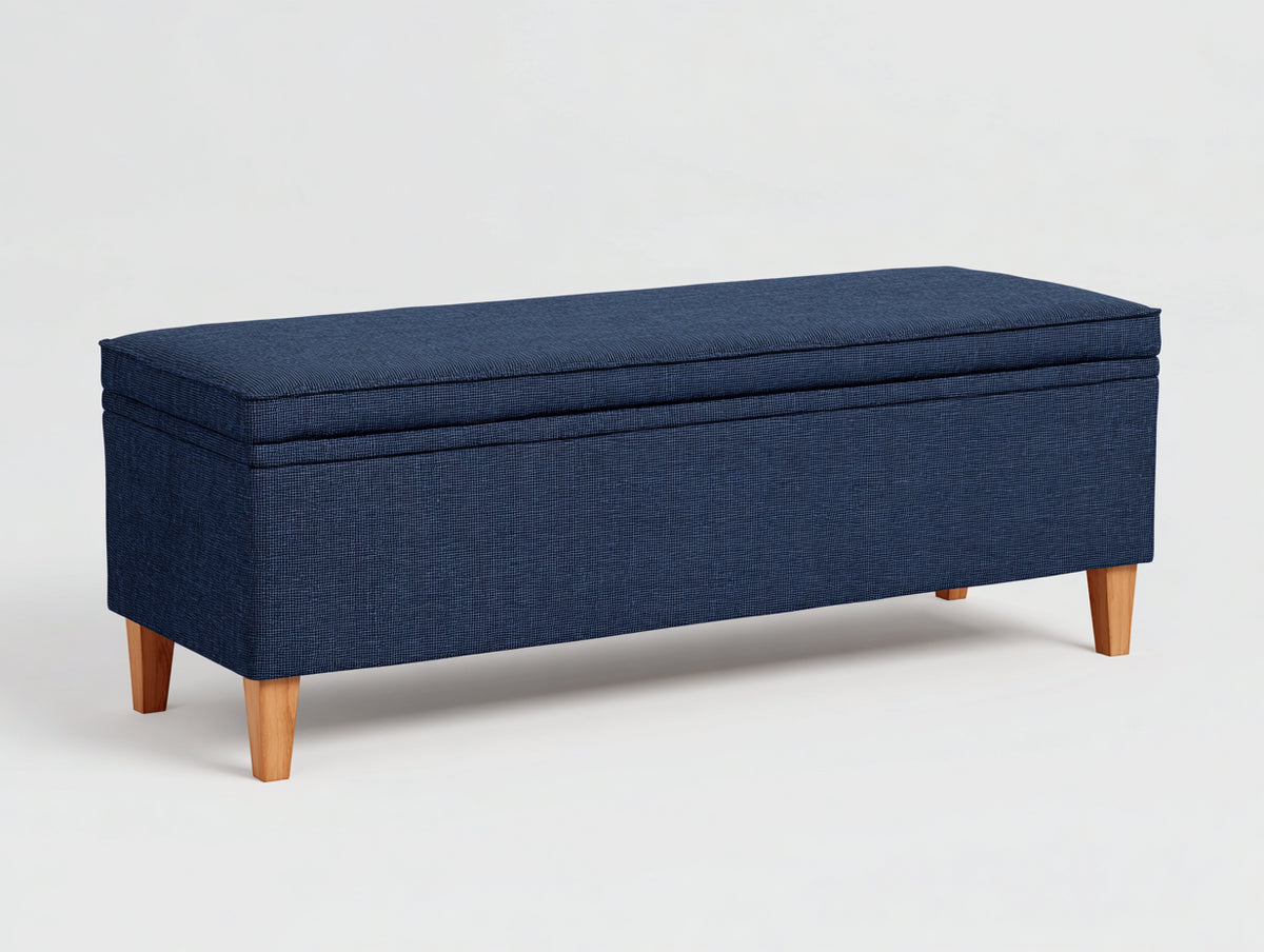 Tabouret banquette 110×45×46 cm - tissu bleu nuit et pieds en bois clair - assise rectangulaire pour chambre à coucher