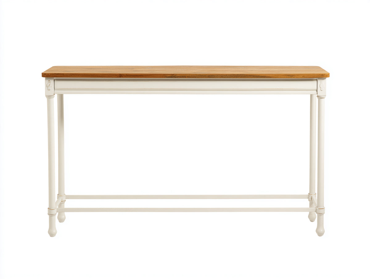 Console 115×34×80 cm - bois miel et structure blanche - piètement galbé à traverse basse pour chambre à coucher