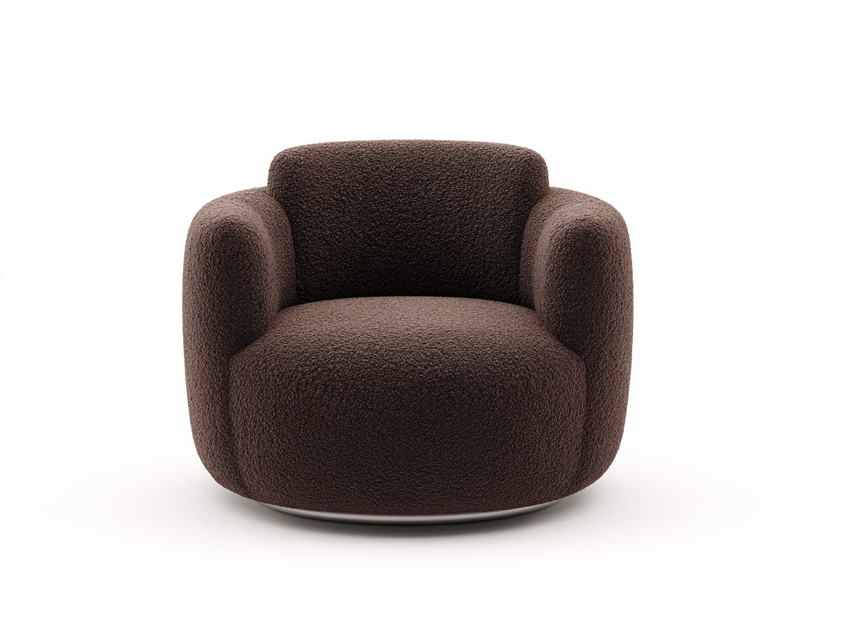 Fauteuil arrondi 82×78×76 cm - tissu bouclé brun foncé - accoudoirs épais et siège pivotant pour salon