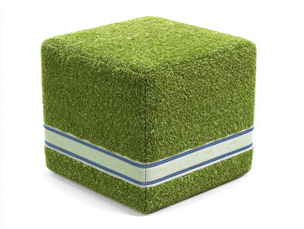 Tabouret cube 45×45×48 cm - tissu vert mousse et galon bleu - ceinture écrue décorative pour chambre à coucher