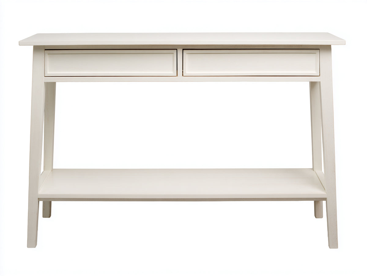 Console 105×35×78 cm - bois blanc - 2 tiroirs sans poignée et tablette inférieure pour chambre à coucher