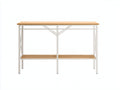 Console 120×35×82 cm - plateau effet chêne et métal blanc - étagère ouverte à renfort géométrique pour chambre à coucher