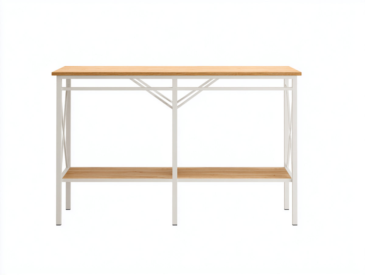 Console 120×35×82 cm - plateau effet chêne et métal blanc - étagère ouverte à renfort géométrique pour chambre à coucher