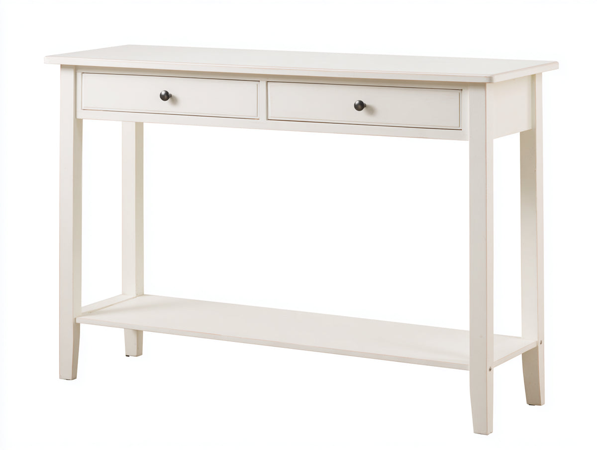 Console 120×38×82 cm - bois blanc finition mate - 2 tiroirs et étagère basse pour chambre à coucher