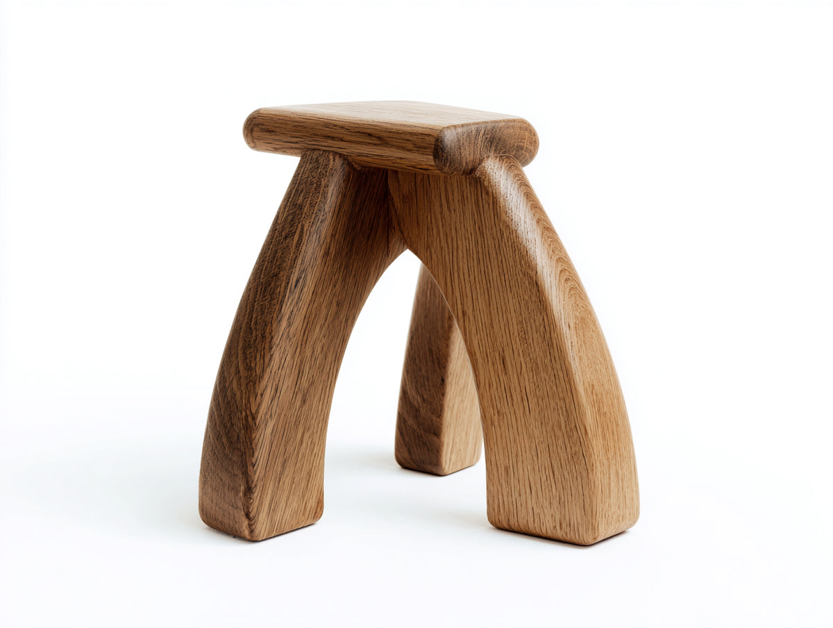 Tabouret sculptural 38×34×48 cm - chêne naturel - assise compacte et pieds arqués pour chambre à coucher