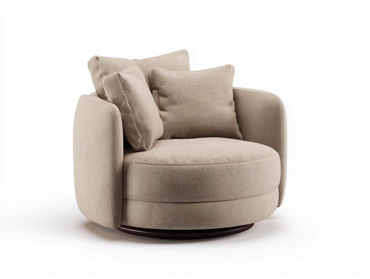 Fauteuil 90×85×78 cm - tissu beige clair texturé - assise ronde et base pivotante pour salon
