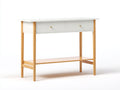 Console 110×36×80 cm - blanc et bois naturel - 2 tiroirs à boutons dorés et tablette basse pour chambre à coucher