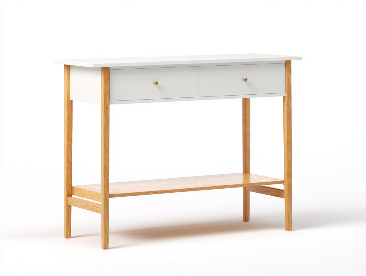 Console 110×36×80 cm - blanc et bois naturel - 2 tiroirs à boutons dorés et tablette basse pour chambre à coucher