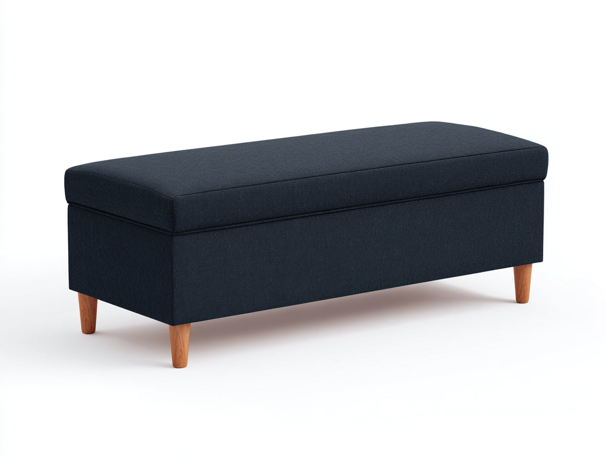 Tabouret 100×40×45 cm - tissu bleu marine et pieds bois naturel - coffre d'appoint élégant pour chambre à coucher